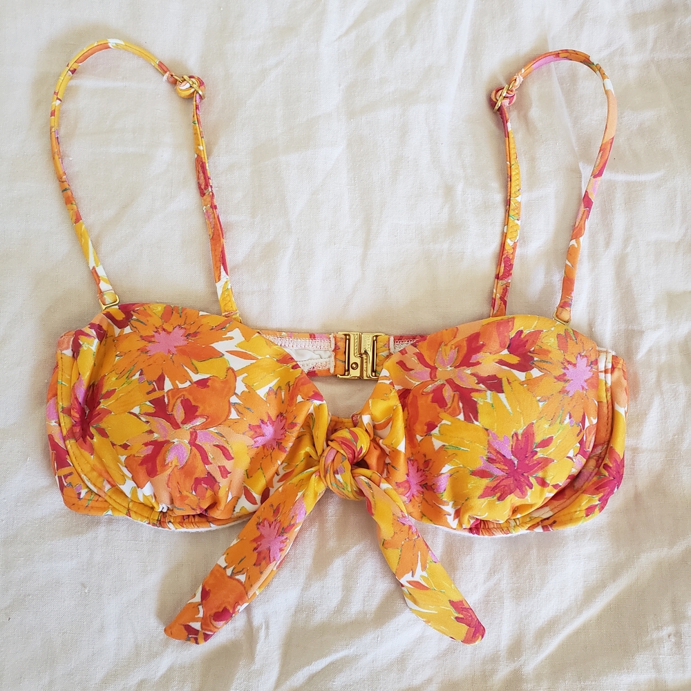 Orange and Pink Bustier Bikini with Tie Front